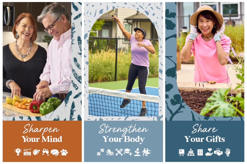 a group of photos of people cooking a person playing pickle ball and a person gardening