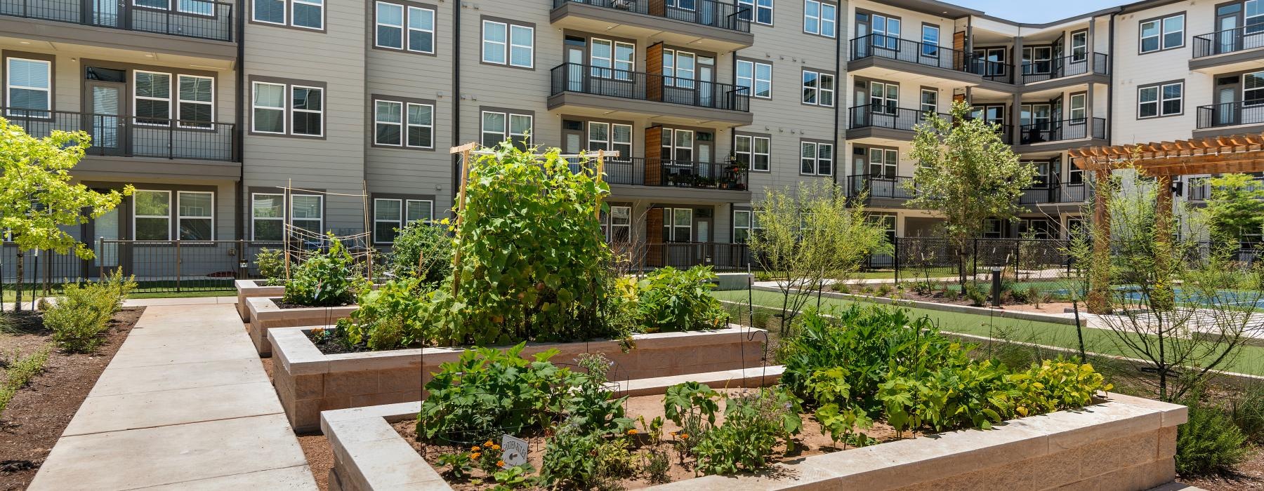 a building with trees and plants in front of it